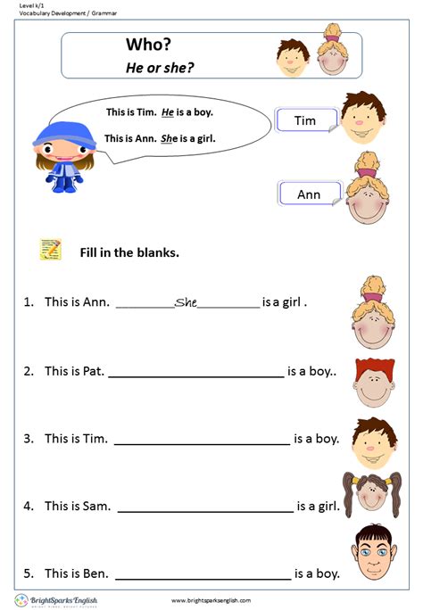 He Or She English Worksheet English Treasure Trove