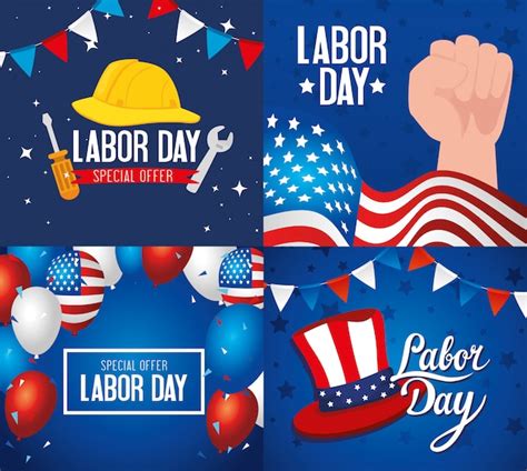 Set Of Happy Labor Day Holiday Banners With Decoration Illustration