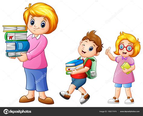 Cartoon Female With School Boy Carrying With A Stack Of Books Stock
