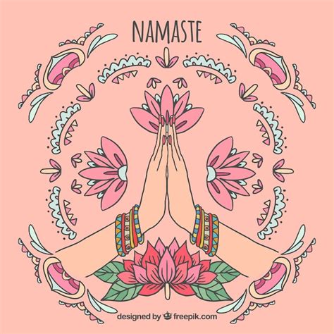 Download Vector Namaste Greeting Background With Flowers In Flat
