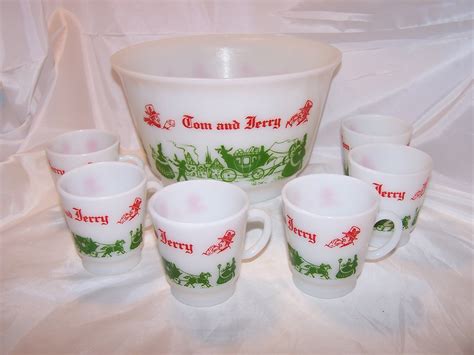 Tom And Jerry Punch Bowl Mugs Milk Glass Original Box Hazel Atlas My
