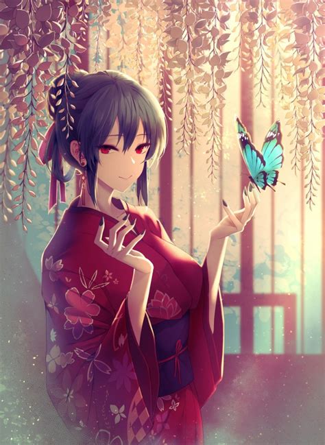 Wallpaper Anime Girl Kimono Blue Butterfly Short Hair