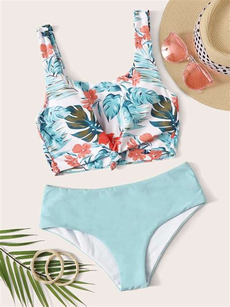 SHEIN Plus Crisscross Wrap Top With Leaf Bikini Set Bikinis Tropical