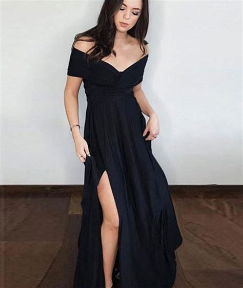 Simple Black Off Shoulder Chiffon Long Prom Dress With Leg Slit Black Abcprom