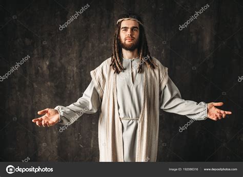 Jesus Christ Open Arms Dark Background Christian Faith Son God — Stock