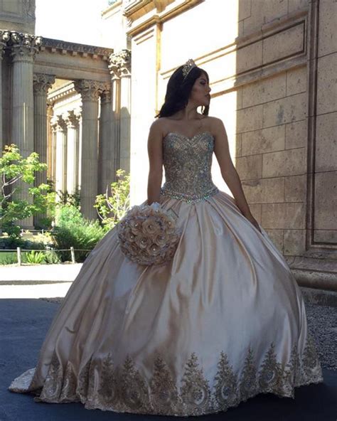 Gold Lace Embroidery Sweetheart Satin Ball Gowns