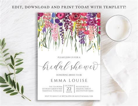 Purple Wildflower Bridal Shower Invitation Wild Floral Wedding Shower