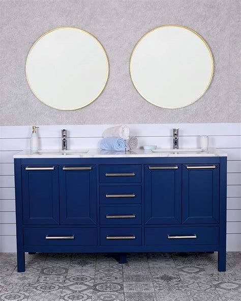 A sink, backsplash, and cabinet handles. Ashley 60" Navy Blue Bathroom Vanity | Cabinet ERA