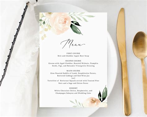 Peach And Ivory Wedding Menu Template Printable Floral Menu Editable W