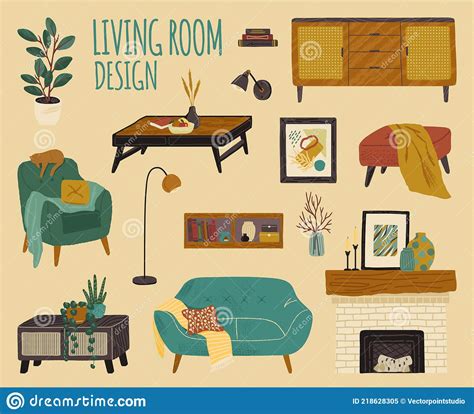 Vector Set Of Living Room Accessories And Furniture Home Modern