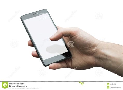 Close Up Of A Man`s Hand Holding Phone With White Display On Whi Stock
