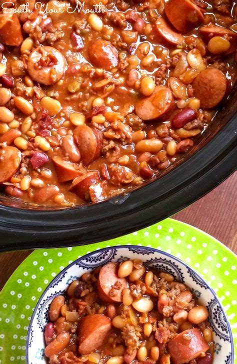 I had a 28 ounce can of bush's boston flavored beans so i adjusted the seasoning since the beans already had some flavoring in it. Three Meat Crock Pot Cowboy Beans | BBQ beans with smoked sausage, bacon and ground beef ...
