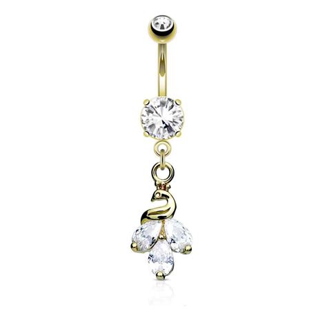 Cz Cluster Peacock Dangle Prong Set Surgical Steel Belly Bar Navel