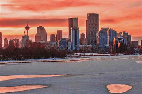 Colorful Sunset Sky Over Downtown Calgary Stock Image Image Of