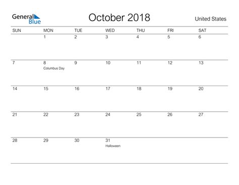 United States October 2018 Calendar With Holidays