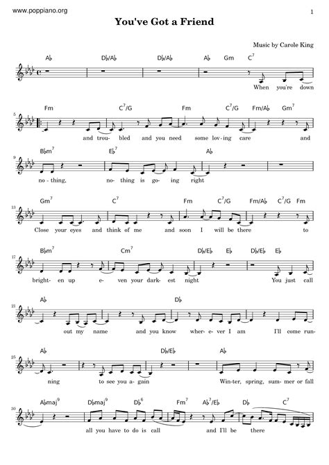 Carole King You ve Got A Friend 琴谱 五线谱pdf 香港流行钢琴协会琴谱下载