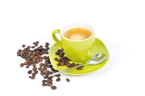 Green Espresso Cup With Coffee Beans And Spoon 2 Stock Image Image Of