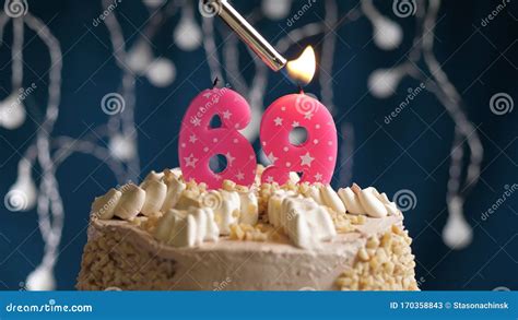 Birthday Cake With 69 Number Pink Candle On Blue Backgraund Candles