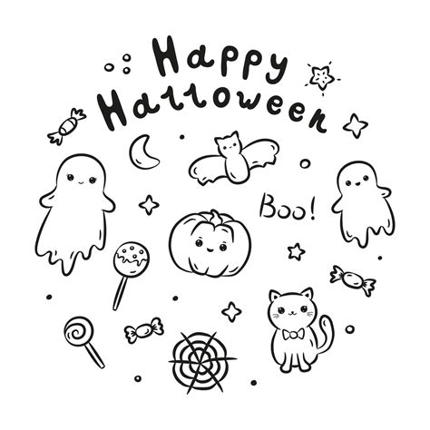 Set Of Kawaii Hand Drawn Halloween Doodles And Lettering Collection Of