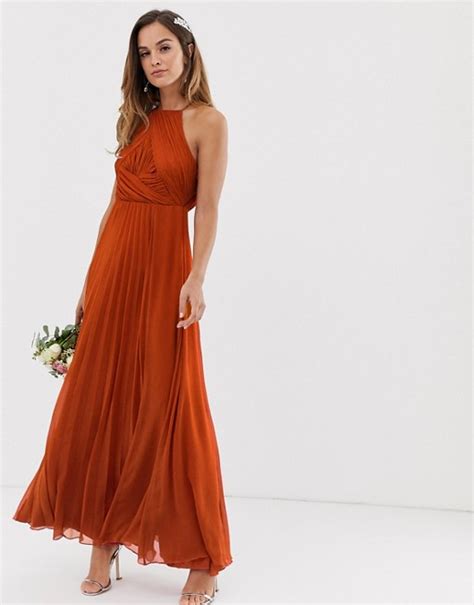 Asos Design Bridesmaid Pinny Maxi Dress With Ruched Bodice Asos Pleated Maxi Dress Halter