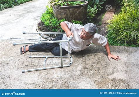 An Elderly Asian Man Falling Lying On The Road Floor He Is A Patient
