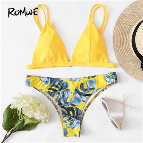 Romwe Sport Yellow Palm Print Bikini Set Women New Tropical Swimwear