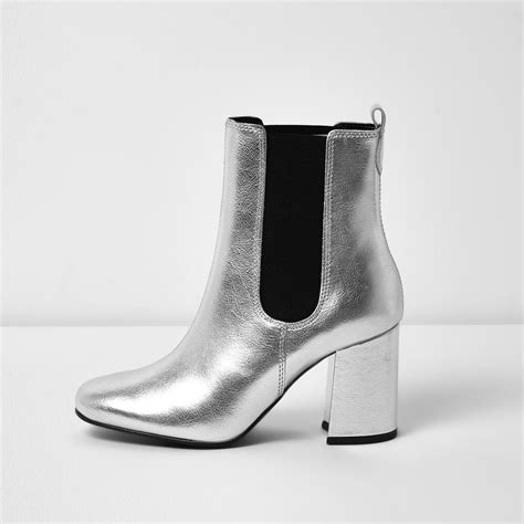 Lyst River Island Silver Leather Block Heel Ankle Boots In Metallic