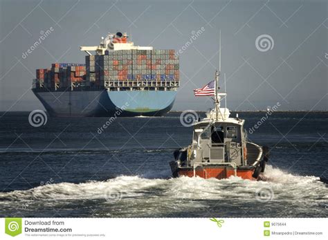 Harbor Pilot Boat And Container Ship Stock Images Image