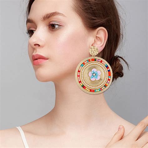 1 Pair Women Novelty Round Disc Earrings Dangle Flower Decor Bohemian Jewelry Earings Kqs8 In