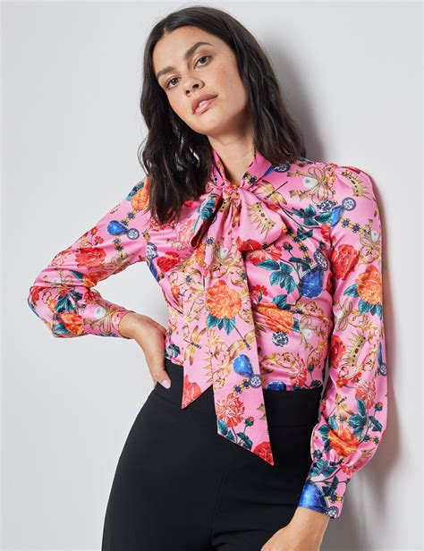 Floral Print Womens Satin Blouse With Single Cuff In Pink And Gold Hawes And Curtis Usa