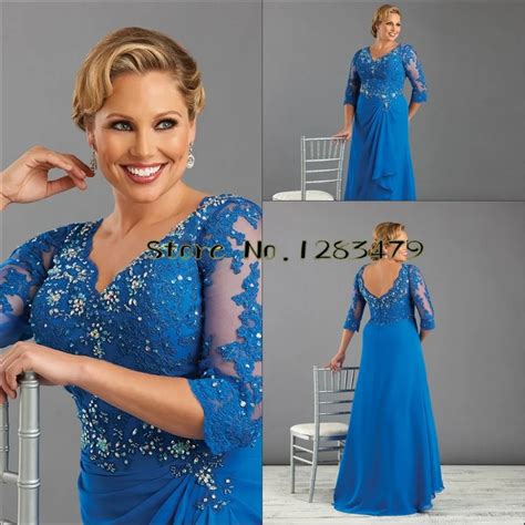 Hot Selling Plus Size Royal Blue Long Mother Of The Bride Groom Dresses 3 4 Sleeve A Line