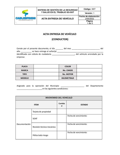 Acta De Entrega De Vehiculo Y Documentos Acta De Entr