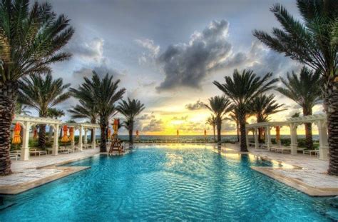 Swimming Pool Beach Palm Trees Sunrise Sea Landscape Clouds