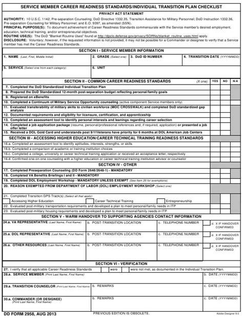Dd Form 2958 Service Member Career Readiness Standardsindividual