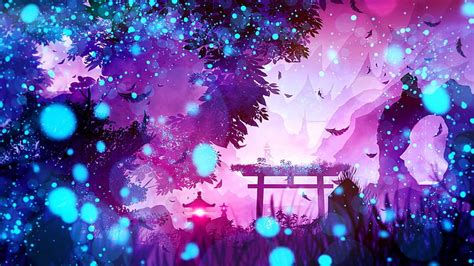 Hd Wallpaper Fantasy Landscape Blue Lantern Nature Purple Shrine