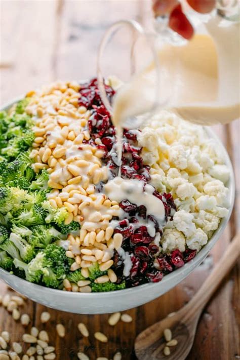 Mix together greek yogurt honey dressing ingredients. Broccoli Cauliflower Salad with Creamy Honey Lemon Dressing