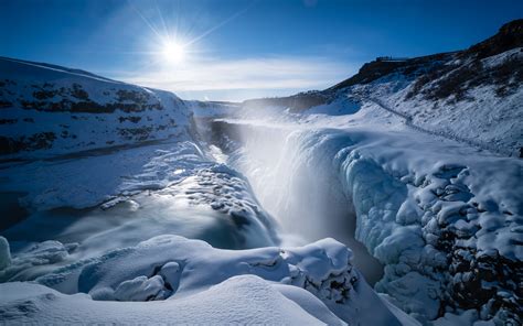 Wallpaper Gullfoss Falls Waterfall Thick Snow Sunshine Winter