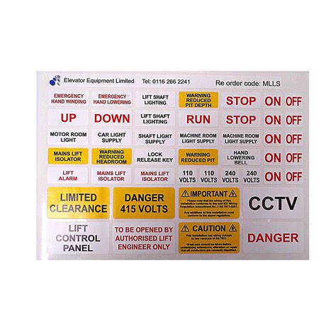 Various Lift Specific Labels Elevator Equipment