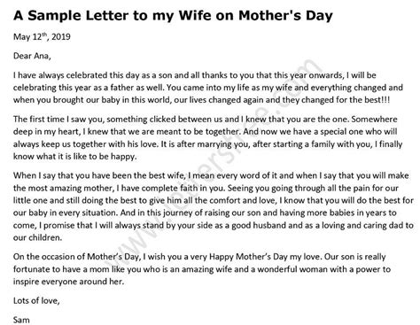 A Sample Letter To My Wife On Mothers Day Love My Wife Quotes