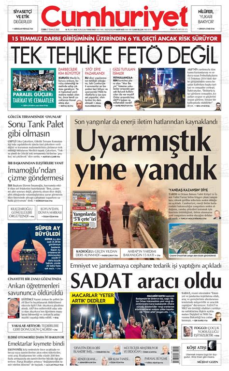 15 Temmuz 2022 Tarihli Cumhuriyet Gazete Manşetleri