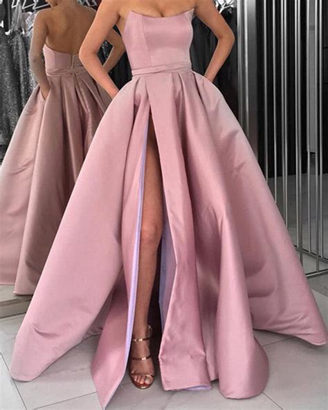 Strapless Bodice Corset Long Satin Leg Split Evening Dresses 2019