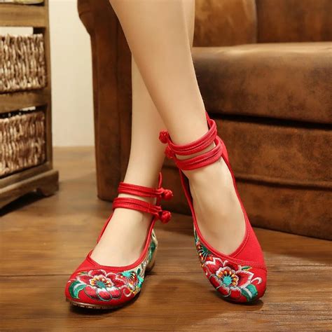 Chinese Shoes Women Embroidery Mary Jane Fabric Flats Traditional Embroidered Old Peking Flower