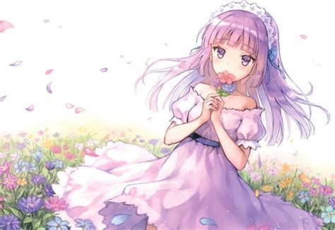 Wallpaper Anime Girl Headband Dress Flowers Petals Ribbon Wallpapermaiden