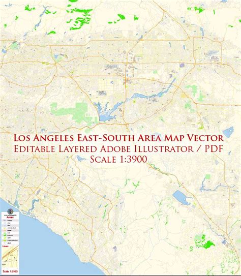 Los Angeles Metro Soutn East Part California Map Vector Exact City Plan