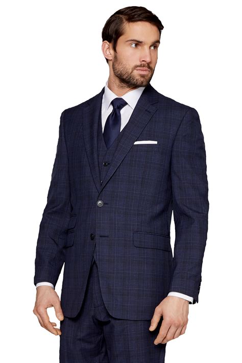Inspired by traditional british tailoring, ted's regular fit suits are cut to allow more room and movement throughout. Moss Esq. Mens Dark Blue Check Suit Jacket Regular Fit ...
