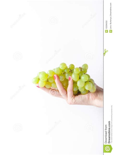 Hand Holding Green Grapes On White Background Minimalism Stock Photo