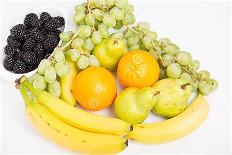 Oranges Blackberries Grapes Bananas And Pears On White Stock Photo