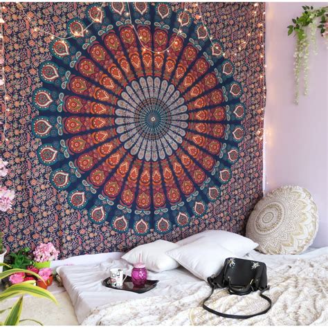 Orange Blue Mandala Tapestry Boho Indian Wall Hanging Hippy College Dorm Tapestries Decor