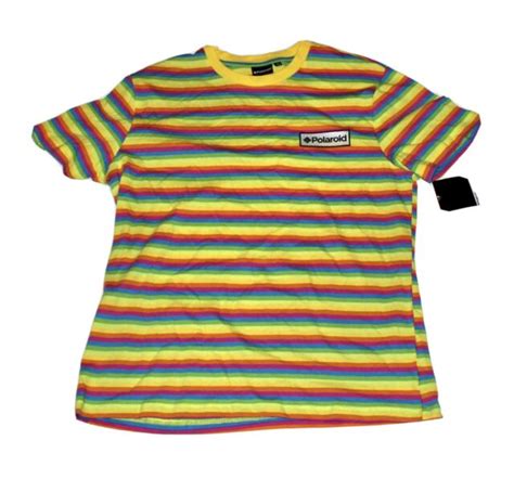 Mens Rare Polaroid Rainbow Cotton Striped Yellow T Shirt Large Retro