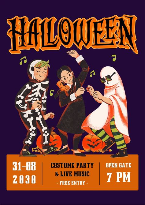 Dark Purple Ilustrative Halloween Costume Party Poster Templates By